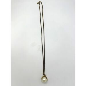 Ann Taylor Gold Tone Chain Necklace Round Faux Pearl Rhinestone Pendant